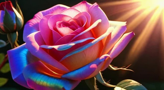Shimmering Rose in Sunlight: 3D Animation of Rainbow-Colored, High-Resolution Rose.