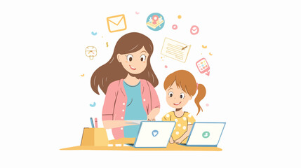 Digital learning day women teach little girl how