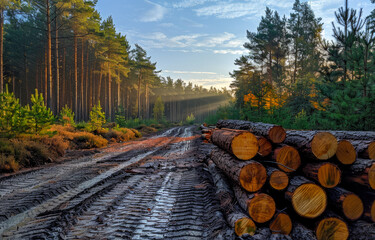 Logs stacked on dirt road in pine forest. A photo of cut pine trees in piles - Powered by Adobe