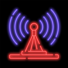 Glowing television radio tower sends signal to receiving device. Communication antenna for transmitting radio waves. Night advertising sign element. Glowing neon icon isolated on black background