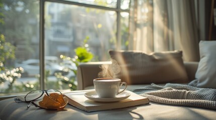 A white coffee cup with steam rising from it sits on top of a book