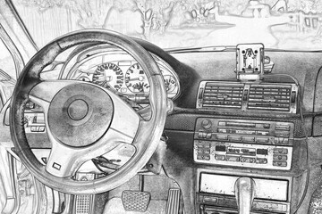 Shift lever, car steering wheel and sensors. Inside a modern car view, city car interior background. Pencil drawing sketch illustration