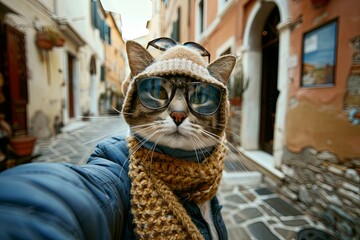 A cat in autumn clothes and glasses takes a selfie in Italy.