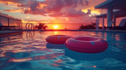 Two red inflatable rafts float in a pool next to a beach - obrazy, fototapety, plakaty