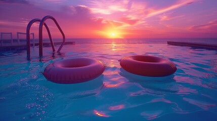 Two red inflatable rafts float in a pool next to a beach - obrazy, fototapety, plakaty
