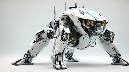  depicts a quadrupedal robot with a white and gray color scheme. It has four legs, each with three joints, and a long, segmented body. The robot's head is small and has two glowing blue eyes. - obrazy, fototapety, plakaty