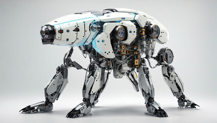 depicts a quadrupedal robot with a white and gray color scheme. It has four legs, each with three joints, and a long, segmented body. The robot's head is small and has two glowing blue eyes. - obrazy, fototapety, plakaty