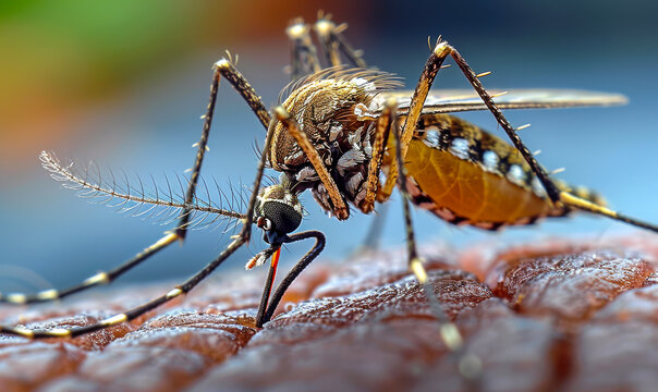 Mosquito is biting human arm. A close up of mosquito on skin