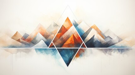 Colorful geometric landscape painting with a mountain range in the center.