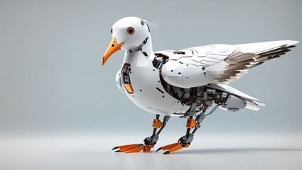 The image shows a steampunk style seagull with white and silver wings and an orange beak standing on a white surface against a pale grey background.

 - obrazy, fototapety, plakaty