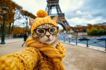A cat in autumn clothes and glasses takes a selfie in Paris