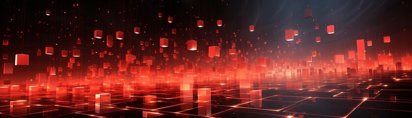 A red digital landscape with floating cubes.