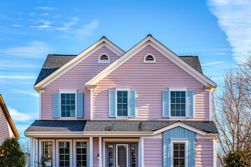 A charming dusty rose house standing gracefully in the suburban neighborhood, its pale blue siding 