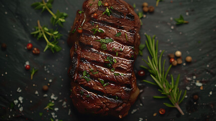 Grilled ribeye beef steak, herbs and spices, Top view with copy space for your text, hyperrealistic...