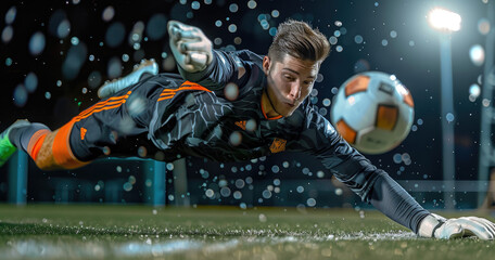 male soccer player diving to make save, wearing black and grey long sleeve jersey with orange accents, white gloves