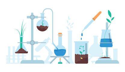 Organic chemistry concept. Lab glass tubes system and glassware with ground and greens. Plants genetic modification, research and growth, decent vector scene