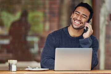 Man, phone call and laptop in cafe for remote work with smile, contact or agreement at media agency. Writer, computer and smartphone for story, talk or deal for freelance copywriting in coffee shop