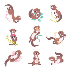 Cartoon otter. Funny otters in different poses, eating, playing and swimming. Water animal, river or lake characters. Childish mascot nowaday vector set