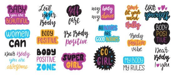 Foto op Canvas Body positivity lettering. Female quotes, feminist motivational handwritten phrases. Typography collection, slogans and stickers neoteric vector set © MicroOne