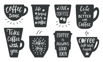 Coffee phrases badges. Cups and mugs silhouettes with motivational morning phrases. Creativity handwritten stickers design, neoteric vector set