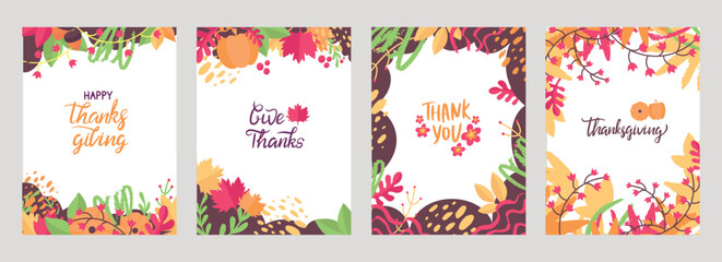 Thanksgiving day posters. Autumn family festive postcard for gift or invitation. Gratitude lettering phrases, decorative elements, neoteric vector design