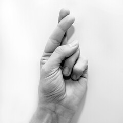 Letter R in American Sign Language (ASL) for deaf people, black and white photo of a hand