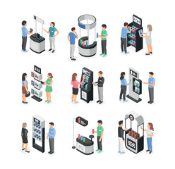 Isometric exhibition promo stand. Promoters and visitors near stands. Marketing workers demonstrated and promotions different goods flawless vector set