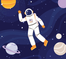 Astronaut working in outer space. Universe explorer, interstellar adventures and travel. Cartoon cosmonaut character snugly vector scene