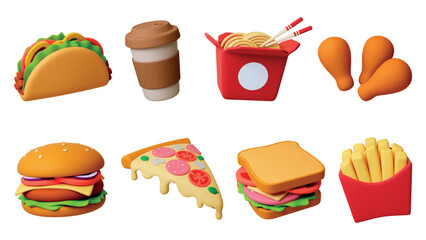 3d fast food. Isolated realistic pizza, burger, sandwich and wok box. Tasty wrap with meat and vegetables. Render cafe restaurant pithy vector elements
