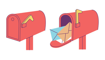 Opened closed mailbox. Street letterbox with different envelopes and letters. Postal box with open door, overflowing of mail. Flat decent vector elements