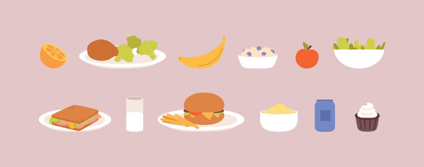 Tasty lunches variations. Kids canteen, drinks and fresh food. Fruits, vegetables and porridge. Sandwich and burger with potatoes, vector set
