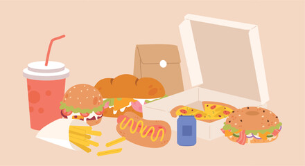 Fast food concept. Drinks, pizza in box and burgers. Cartoon hot dog, potatoes and sandwich. Lunch or dinner meals, sneaks vector elements