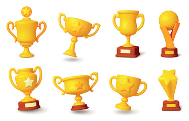 3d gold trophy. Winners golden cups, awards ceremony with stars. Trophies for sport competitions, championships, award pithy realistic vector set