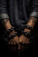 Closeup of a persons hands in handcuffs, symbolizing crime, justice, and punishment.