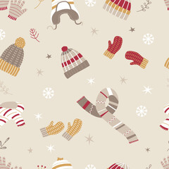 Winter hat seamless pattern. Seasonal warm accessories, fashion knitted elements. Cozy wrapping or fabric print design, snugly vector background