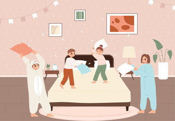 Pillow fight in bedroom. Family play together before sleep. Adults and children wearing pajamas and kigurumi. Happy time, childhood snugly vector scene