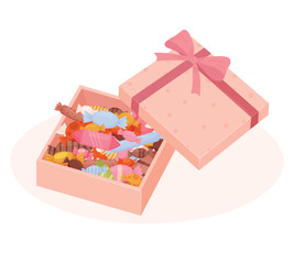 Sweet box with candy. Tasty present with different candies, toffees and chocolates. Birthday, christmas, mothers day gift. Snugly vector scene