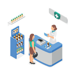 Isometric pharmacist and client. Patient buy medication in pharmacy. Healthcare marketing, influenza season and support health. Flawless vector scene