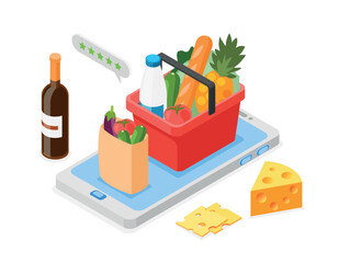 Isometric online grocery. Food order service app for smartphone. Delivery and reviews about drinks and goods, vegetables, fruits, flawless vector scene