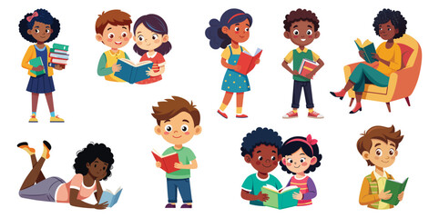 Group of children, black boys and girls engaged in reading and enjoying books, vector cartoon illustration.