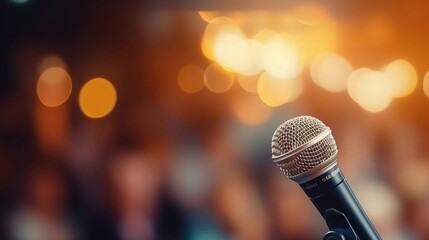 Stage microphone view, audience in blur, anticipation of performance or speech, copy space.