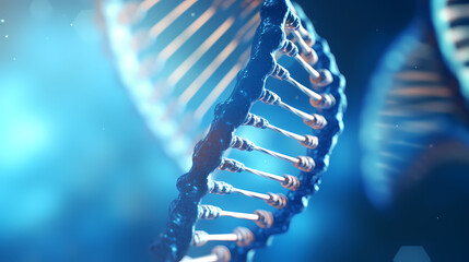 3D rendering of double helix DNA structure on blue background