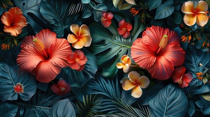A stunning array of hibiscus flowers in full bloom, set against a backdrop of rich tropical foliage, creates a vibrant and lush floral tapestry. - obrazy, fototapety, plakaty
