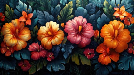 A stunning array of hibiscus flowers in full bloom, set against a backdrop of rich tropical foliage, creates a vibrant and lush floral tapestry. - obrazy, fototapety, plakaty