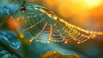 A colorful spider perches on its intricate web, shimmering with dew drops against the glowing backdrop of an early morning sun.