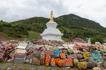 Mani Pile on the roadside in Yuqi County, Qamdo City, Tibet Autonomous Region, China.