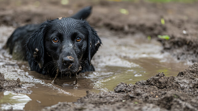 Muddy black dog lies in a puddle, looking up with a forlorn expression amidst the muck and water.