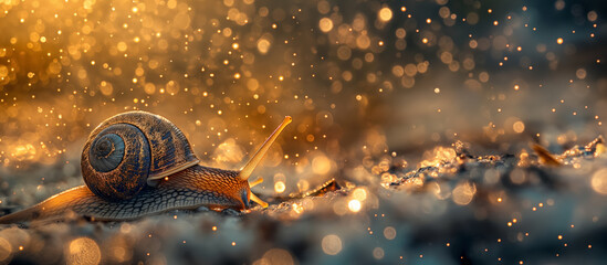 Snail travels across a terrain glistening with moisture and light, offering a close-up view of its...