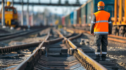 Railway worker in high-visibility clothing inspects the railroad tracks, ensuring safety and proper maintenance. - obrazy, fototapety, plakaty
