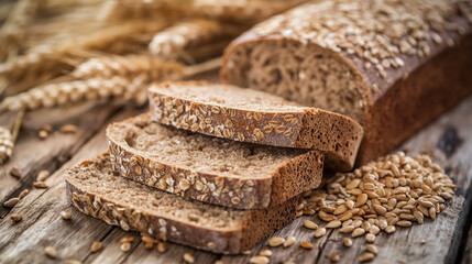 Thick slices of whole grain bread with seeds on a rustic wooden cutting board, embodying wholesome nutrition.
